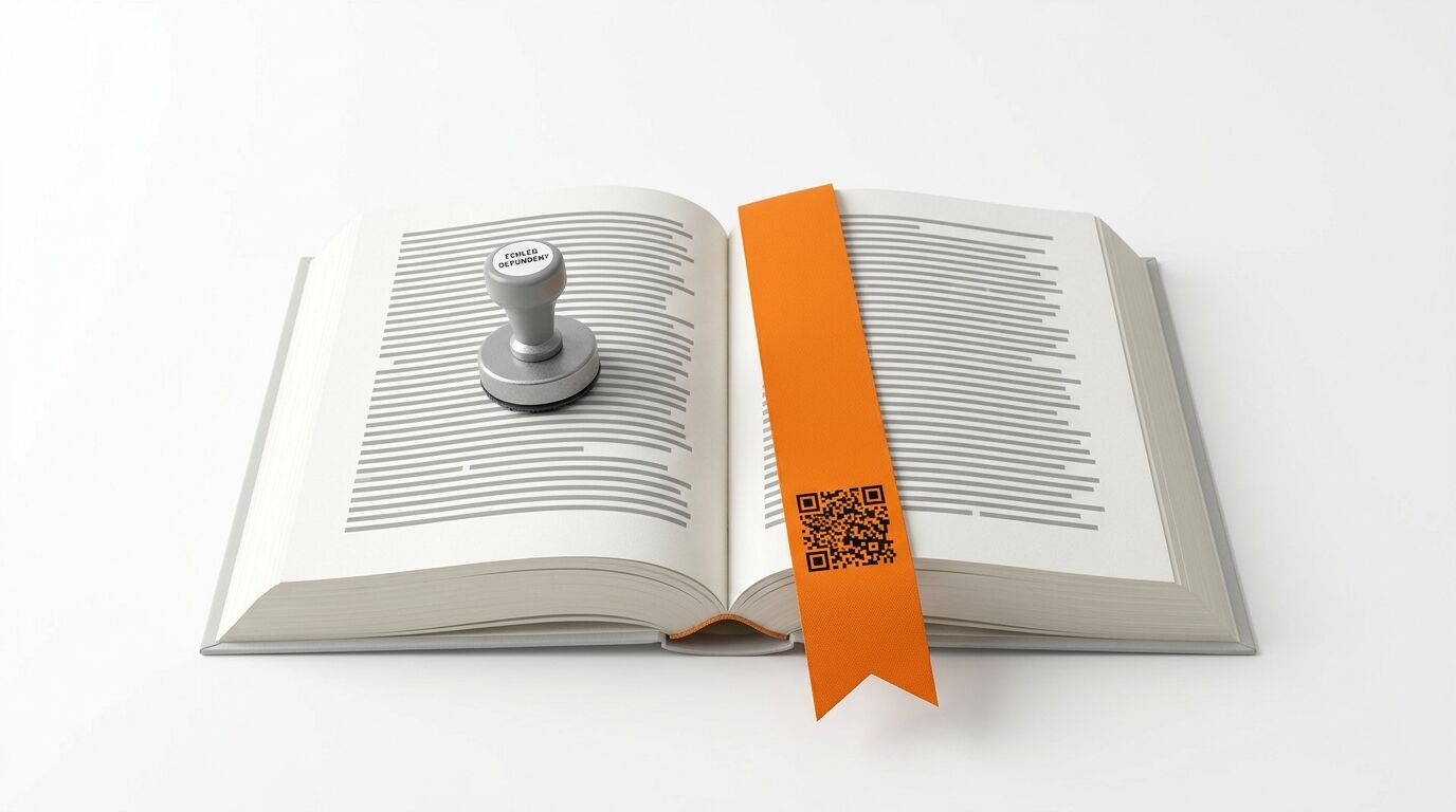 Ein offenes Buch mit Stempel und orangem Lesezeichen samt QR-Code vor weißem Hintergrund