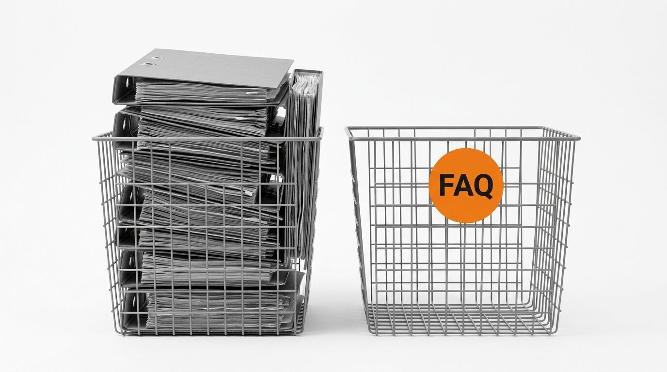 Zwei Metallgitterkörbe: links gefüllt mit Aktenordnern, rechts leer mit orangefarbenem FAQ-Aufkleber