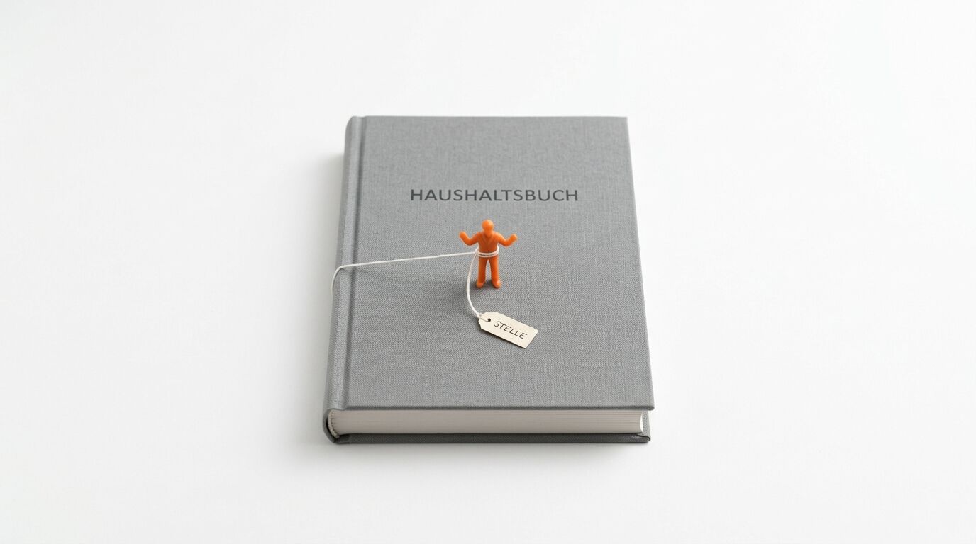Graues Haushaltsbuch mit oranger Figur, die durch einen Faden und ein Etikett namens Stelle befestigt ist