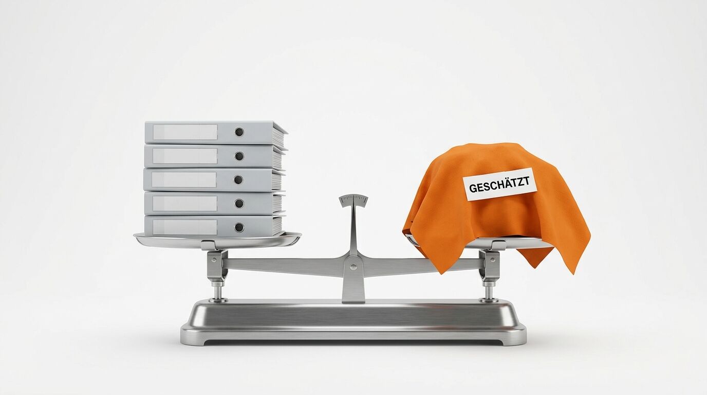 Waage mit Ordnern links und orange bedecktem Gut rechts, Aufschrift
