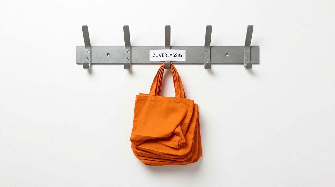 Orangefarbene Tasche hängt an Metallhakenleiste mit Aufschrift „ZUVERLÄSSIG“