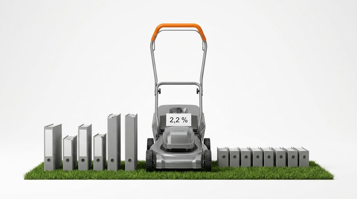 Rasenmäher kürzt hohe Aktenstapel auf eine Höhe, mit Schild „2,2 %“, auf Grasfläche vor Weiß