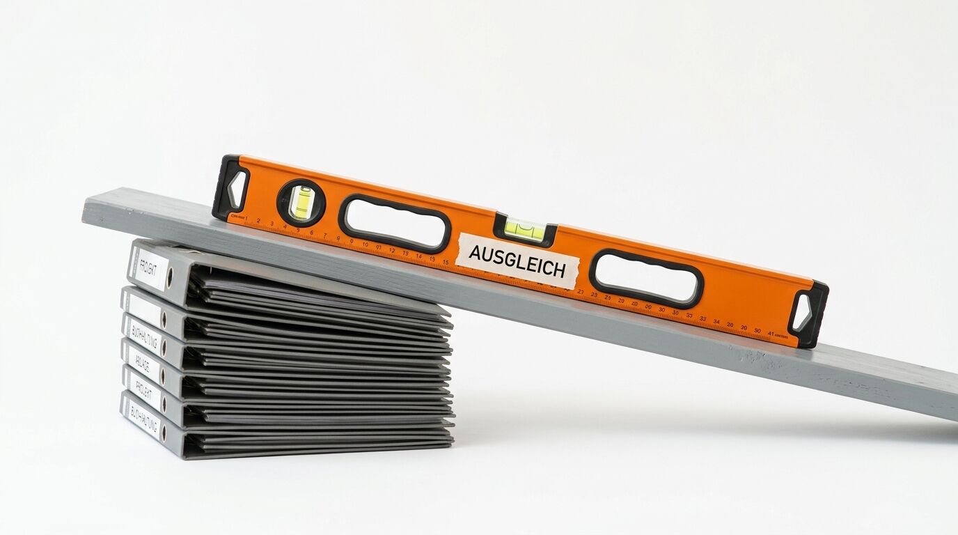 Eine Wasserwaage mit Aufschrift AUSGLEICH auf Aktenordnern und Balken