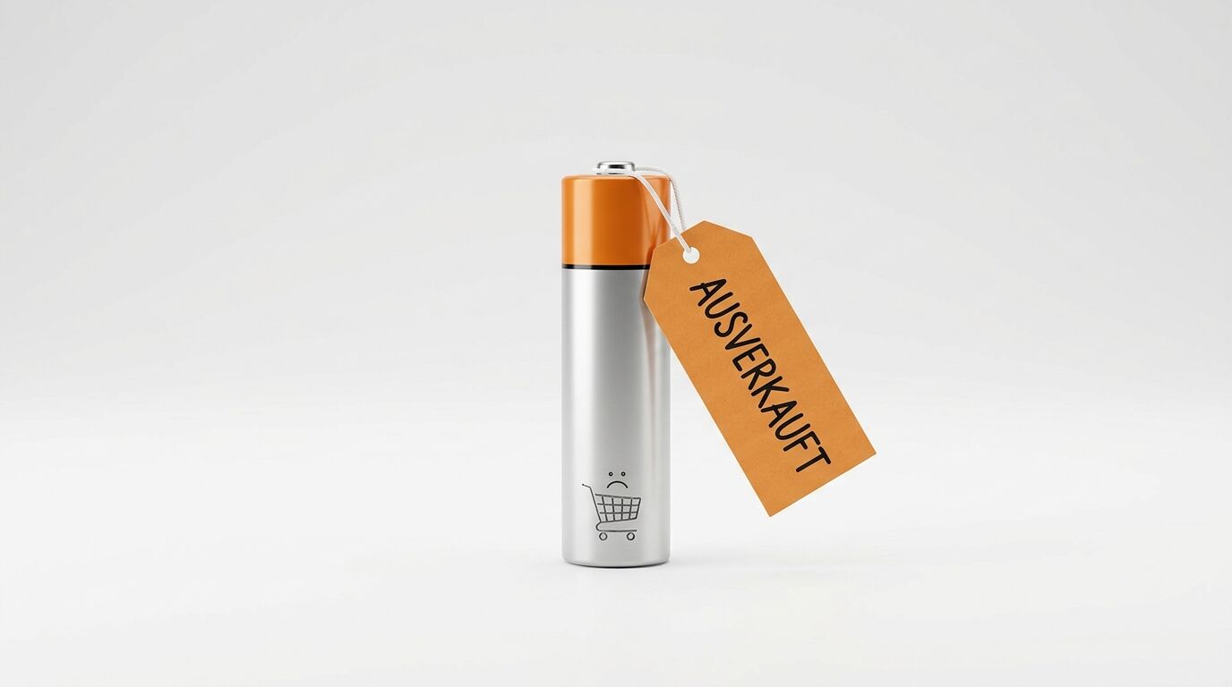Batterie mit Einkaufswagen-Symbol und Anhänger „AUSVERKAUFT“ auf grauem Grund
