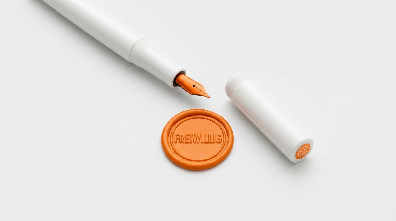 Weißer Füllhalter, orange Feder, oranges Siegel „FREIWILLIG“