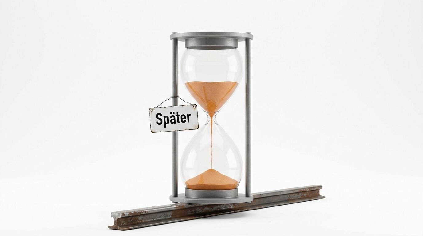 Sanduhr auf Bahnschiene mit Schild „Später“, auf weißem Grund