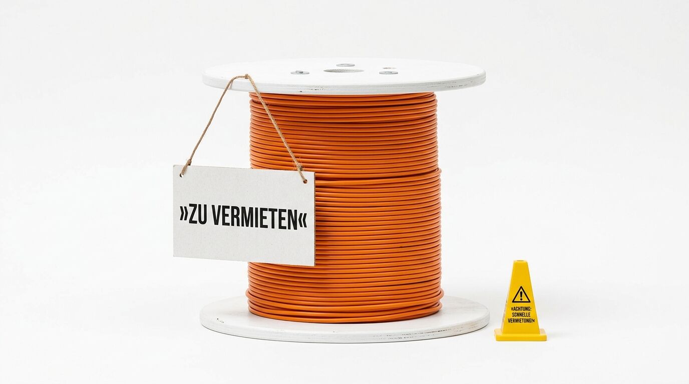 Kabeltrommel mit orangefarbenem Kabel, „ZU VERMIETEN“-Schild und Warnkegel vor weißem Hintergrund