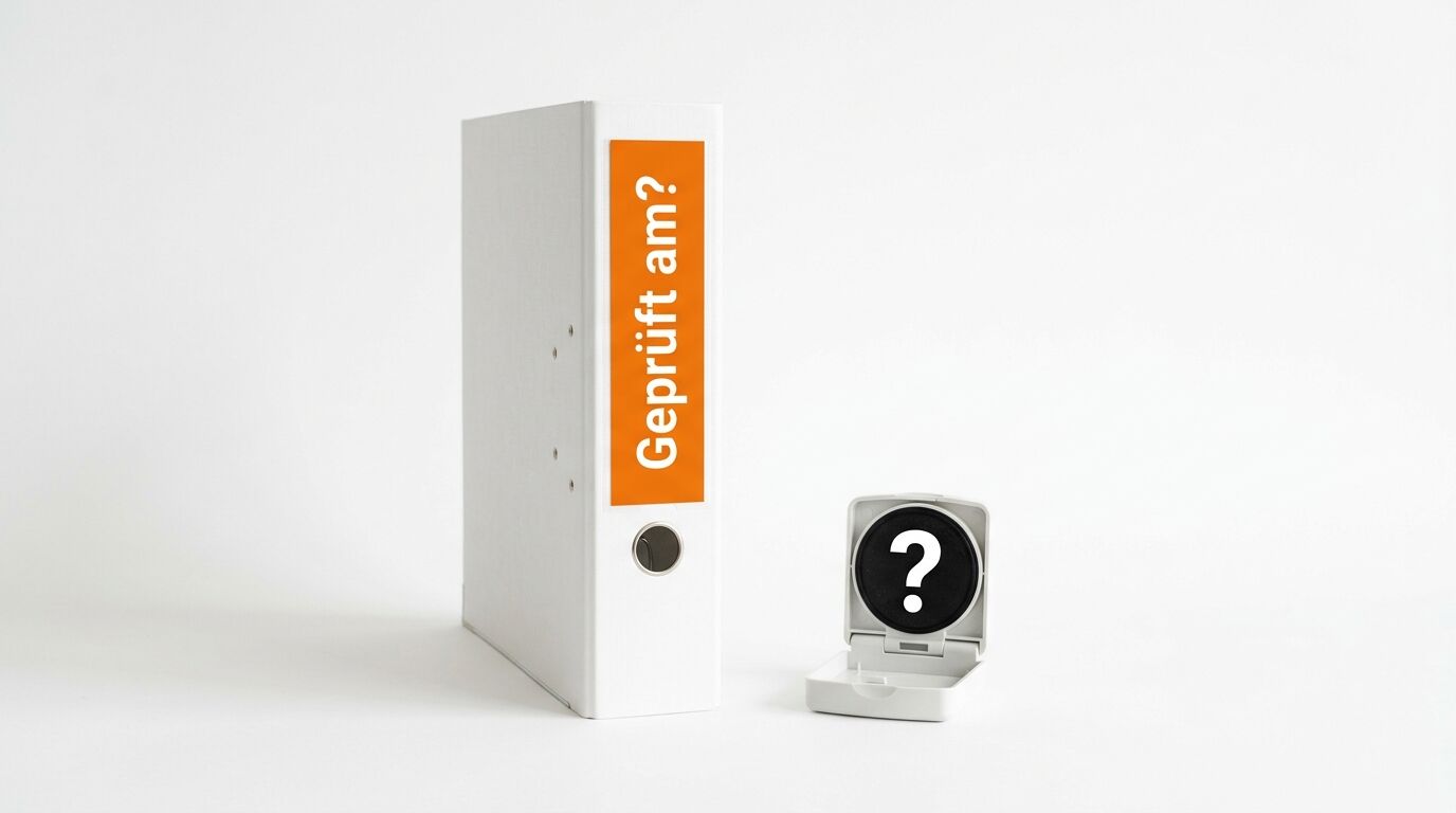 Ein weißer Aktenordner mit der Aufschrift „Geprüft am?“ und einem Fragezeichen daneben