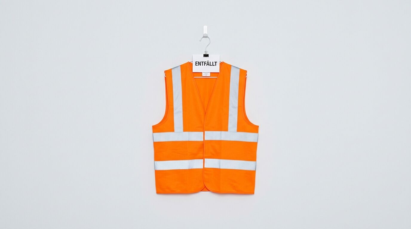 Orange Warnweste mit Reflektorstreifen hängt auf Bügel vor weißer Wand