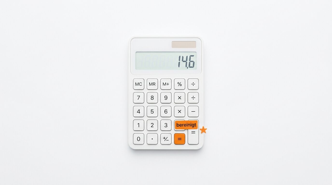Weiße Draufsicht auf Taschenrechner mit der orangefarbenen Schaltfläche „bereinigt“ und dem Display „14,6“ auf weißem Hintergrund