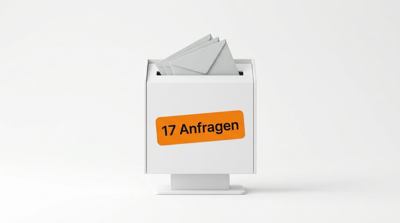 Weißer Briefkasten mit Briefen und orangem Sticker: „17 Anfragen“ auf weißem Grund