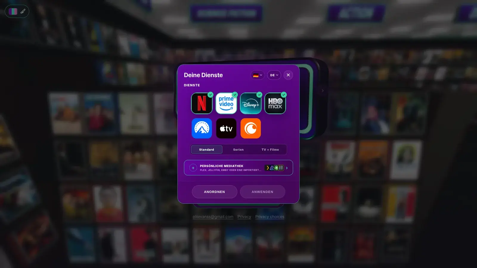 BingeBrowse Dialog „Deine Dienste“ mit sieben Streamingdiensten für Deutschland