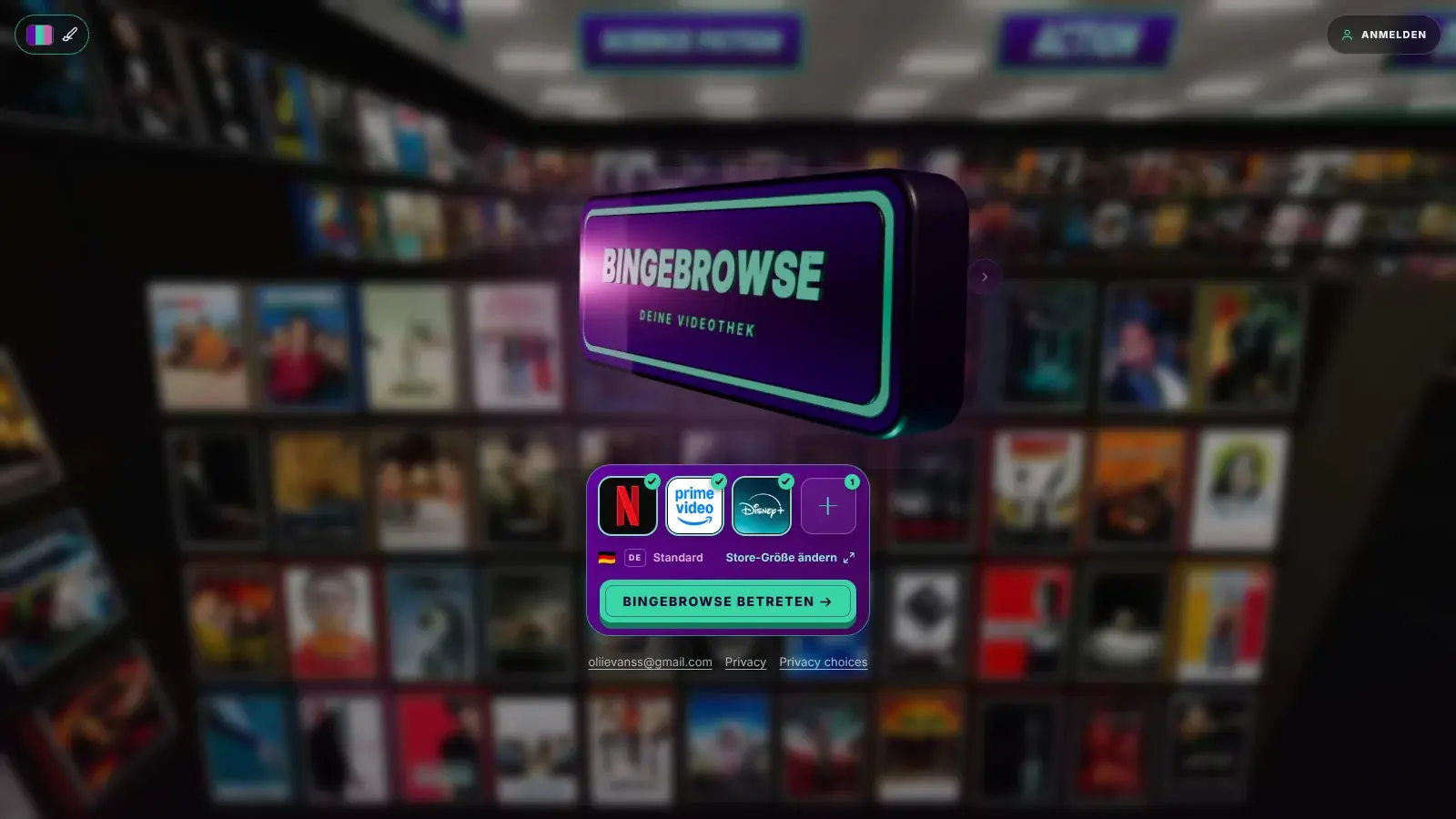 BingeBrowse Startbildschirm mit Leuchtschild „Deine Videothek“ und Auswahl von Netflix, Prime Video und Disney+