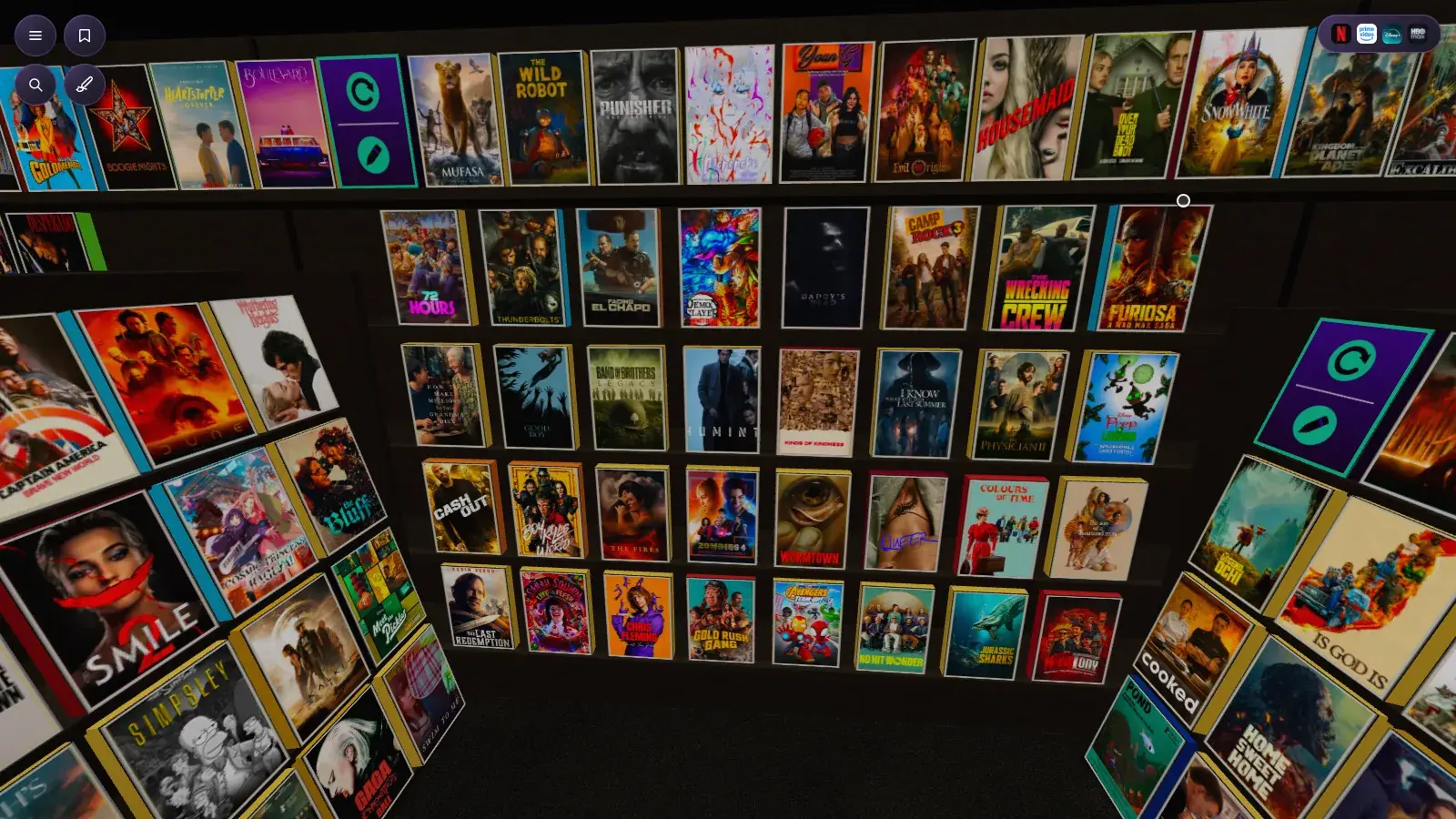 Blick durch einen Gang der BingeBrowse 3D-Videothek mit Filmcovern in Regalen
