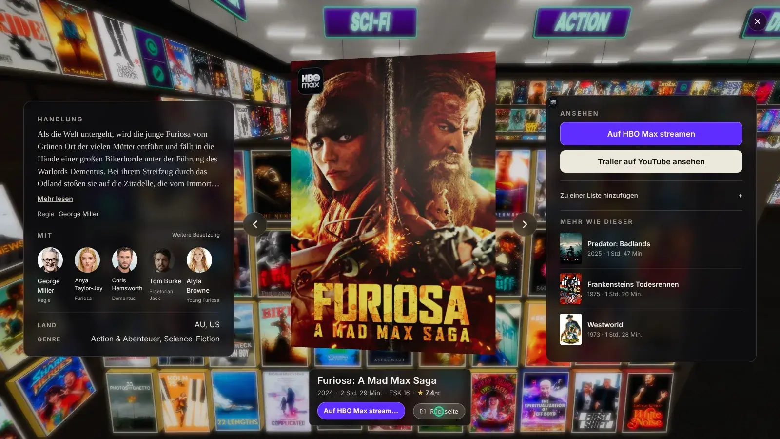 BingeBrowse Detailansicht einer Filmhülle mit Handlung, Besetzung und Streaming-Link