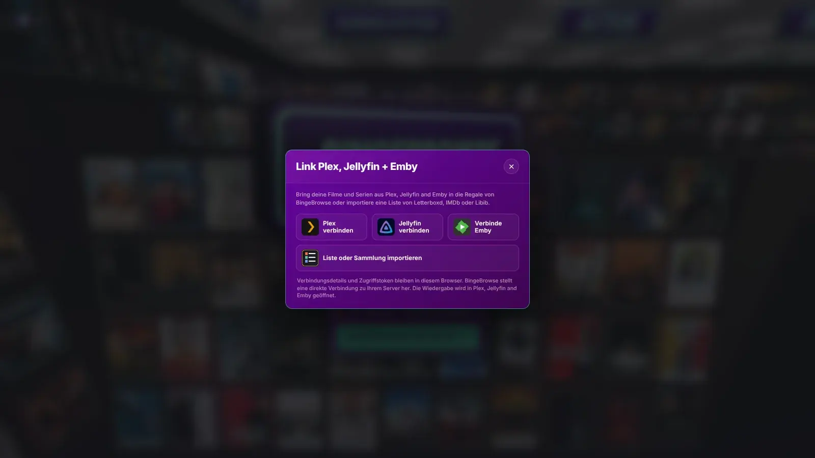 BingeBrowse Dialog zum Verbinden von Plex, Jellyfin und Emby