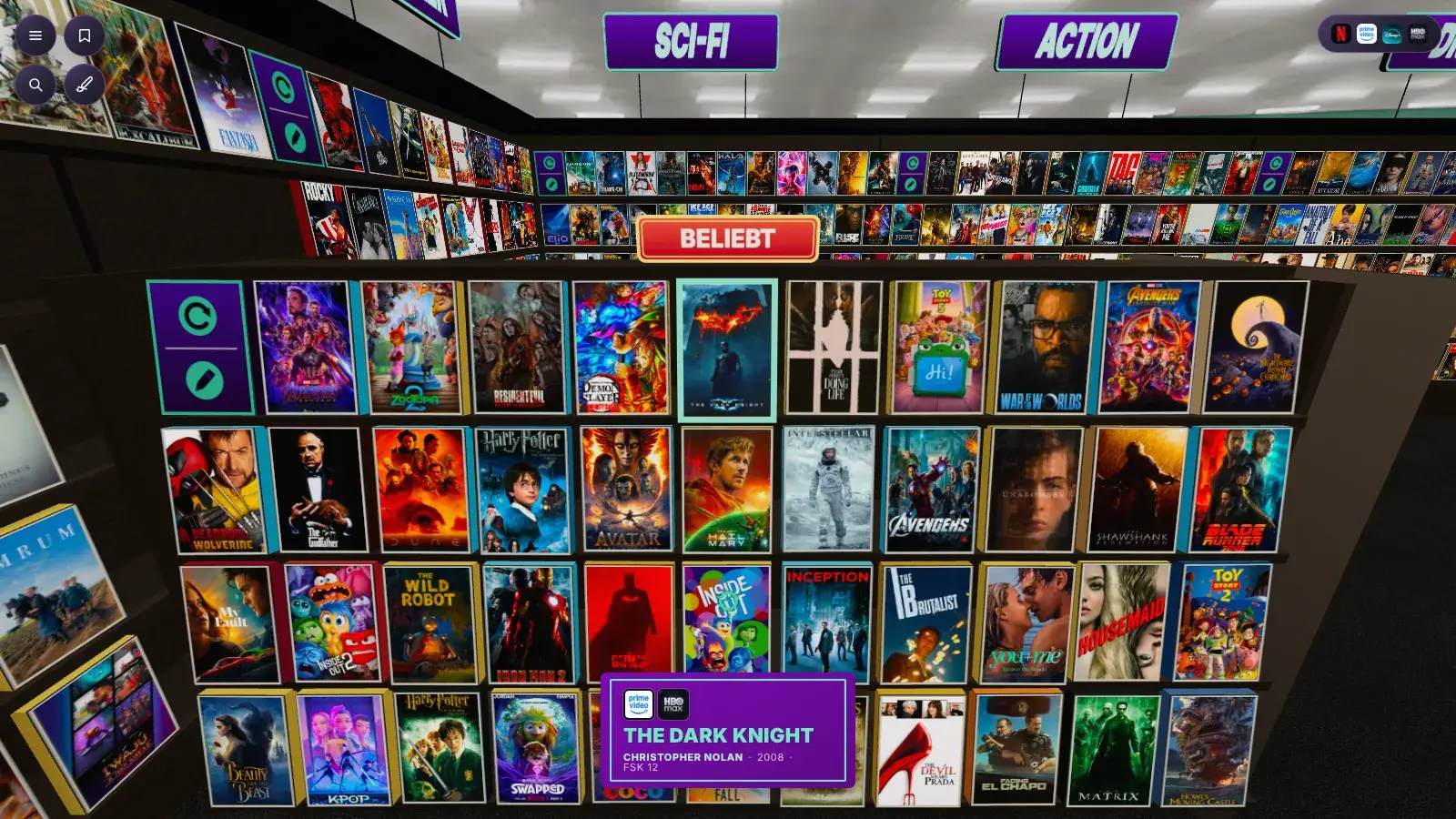 BingeBrowse 3D-Videothek mit dem Regal „Beliebt“ und Infokarte zu The Dark Knight