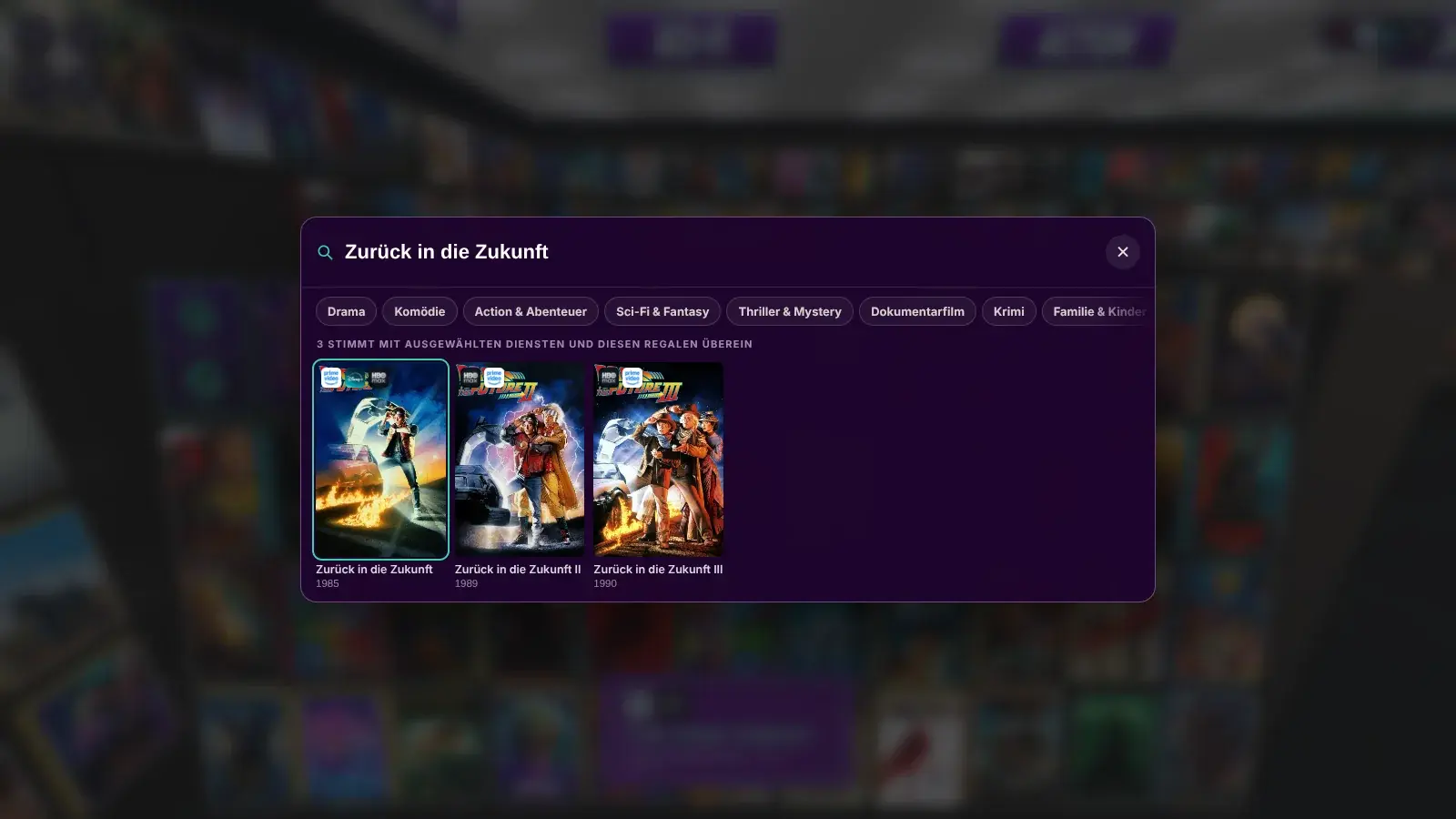 BingeBrowse Suchfeld mit Genrefiltern und drei Treffern zu Zurück in die Zukunft