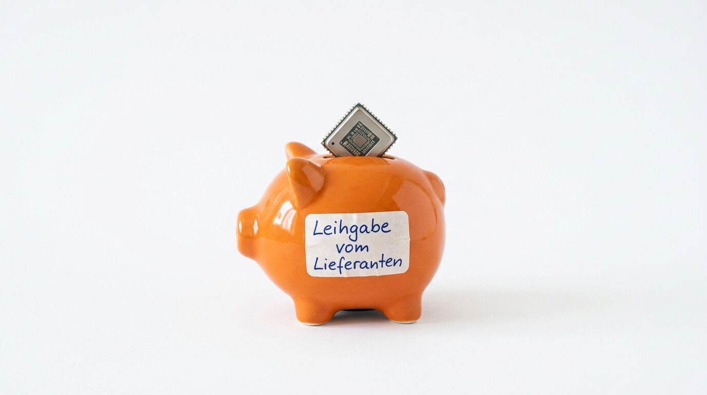Orangefarbenes Sparschwein mit Chip, Aufschrift: „Leihgabe vom Lieferanten“