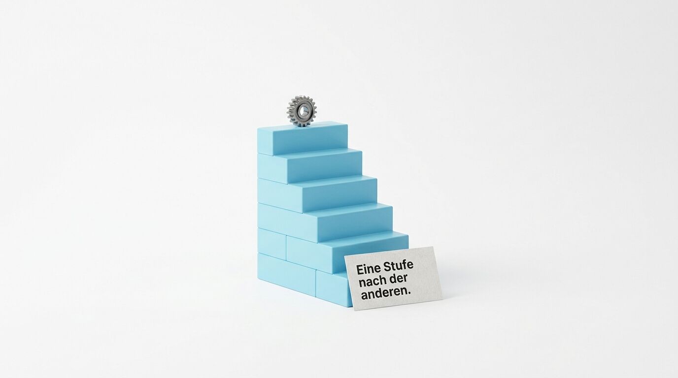 Eine blaue Treppe mit fünf Stufen und einem Zahnrad oben. Ein weißes Schild trägt die Aufschrift "Eine Stufe nach der anderen"