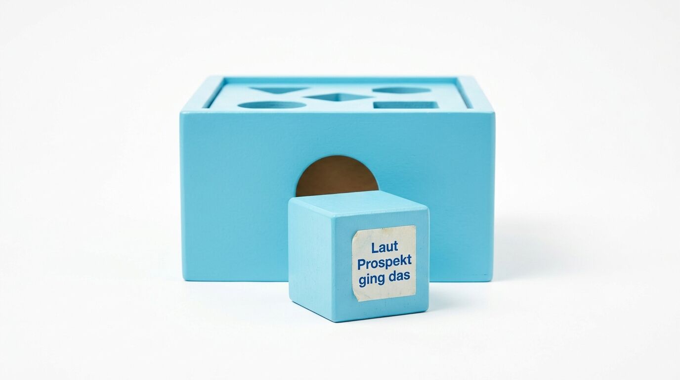 Hellblaue Sortierbox mit geometrischen Löchern und einem kleinen Spielwürfel mit deutscher Aufschrift