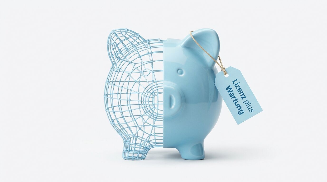 Blaues Sparschwein mit wireframe-Strukturmuster und Anhängerschild "Heavy Polling Warning" vor weißem Hintergrund