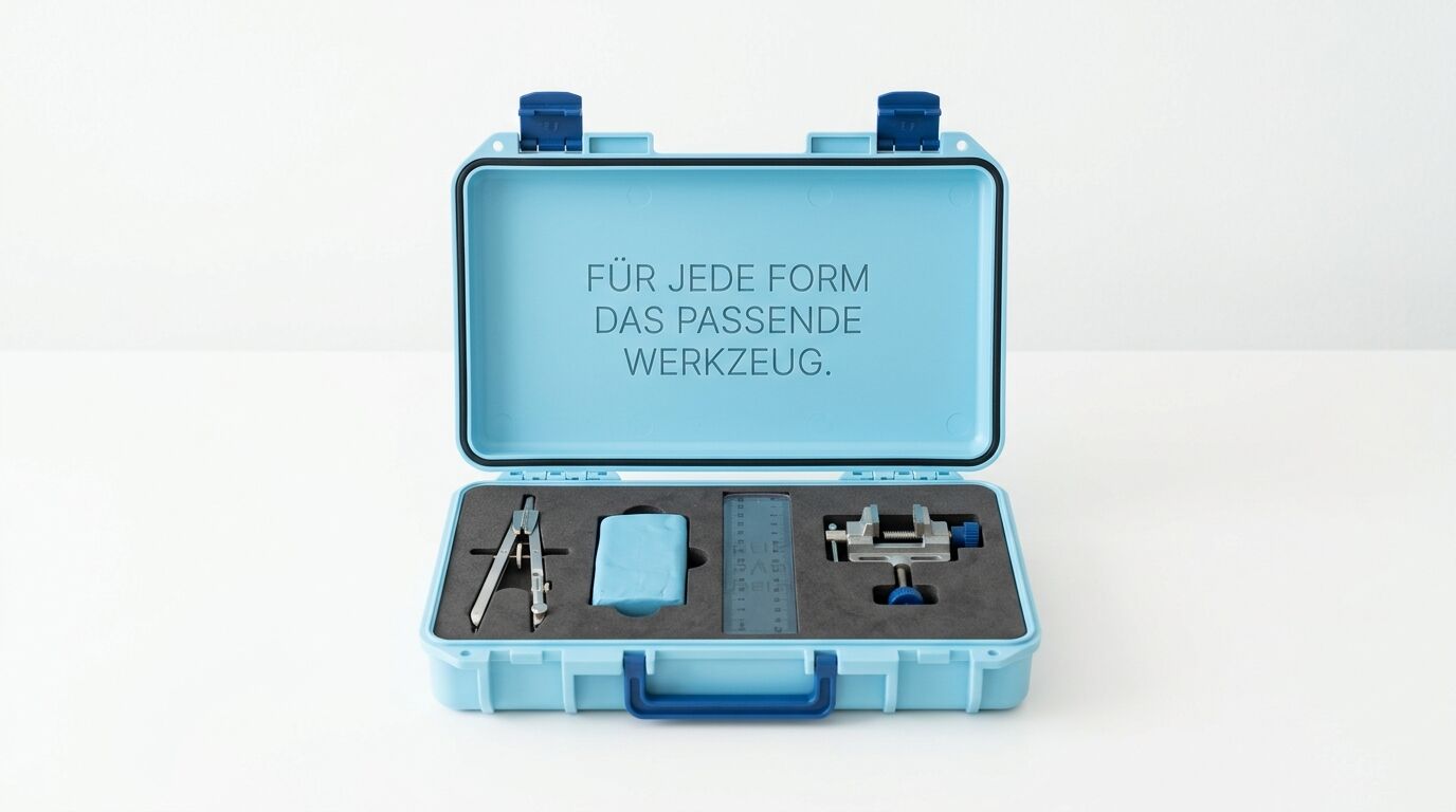 Hellblaue Kunststoffbox mit Werkzeugen und Zubehör. Deckel trägt Text "Für jede Form das passende Werkzeug"