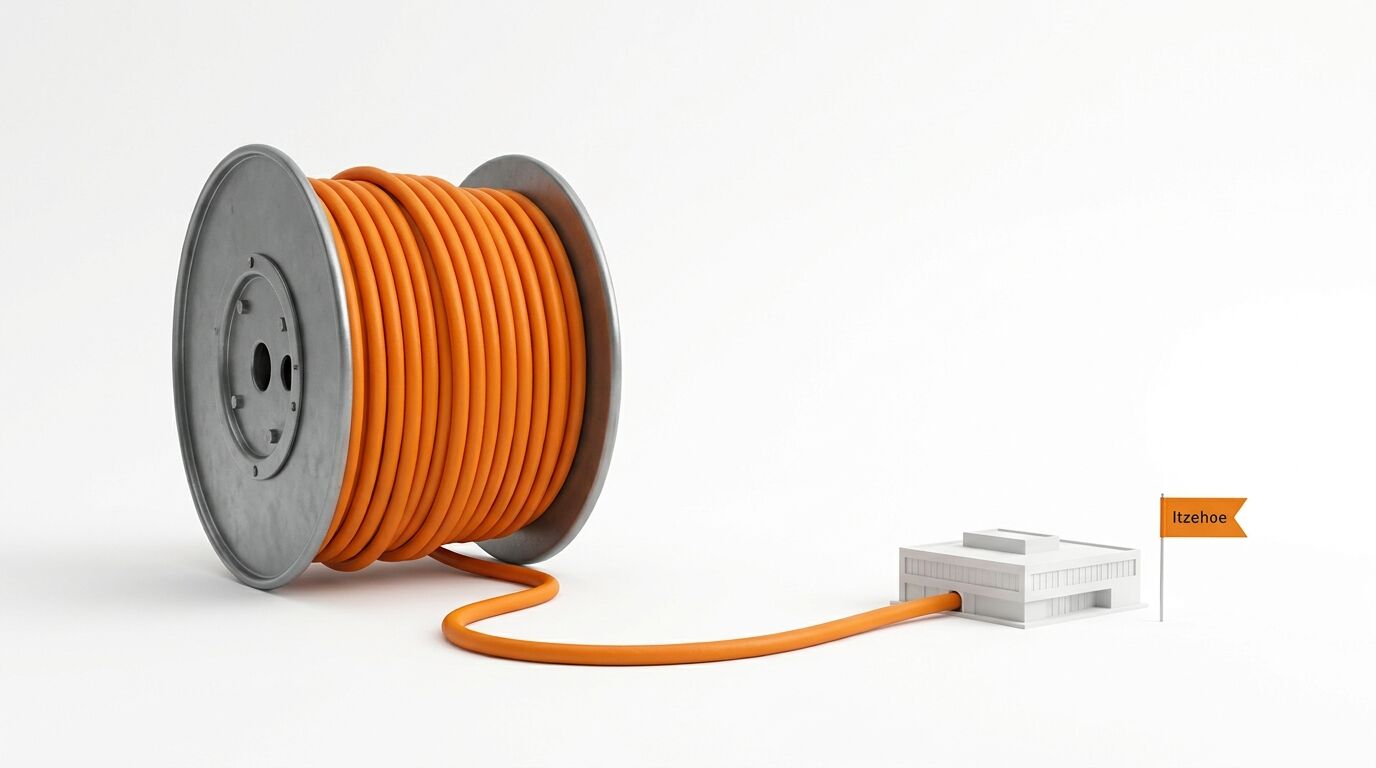 Eine orange Kabeltrommel, die über ein Kabel mit einem Modellhaus verbunden ist, daneben ein Fähnchen