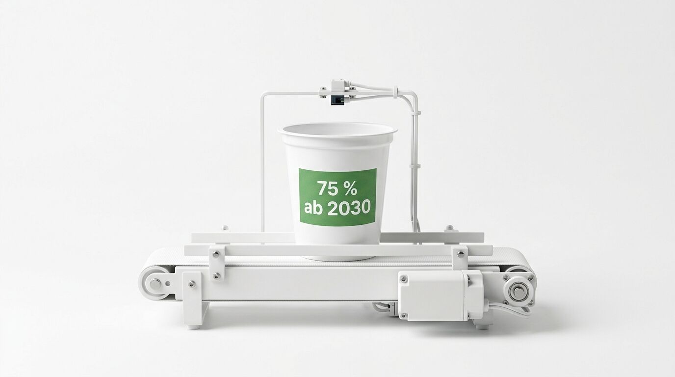 Ein Becher mit grünem Etikett „75 % ab 2030“ fährt auf einem weißen Förderband