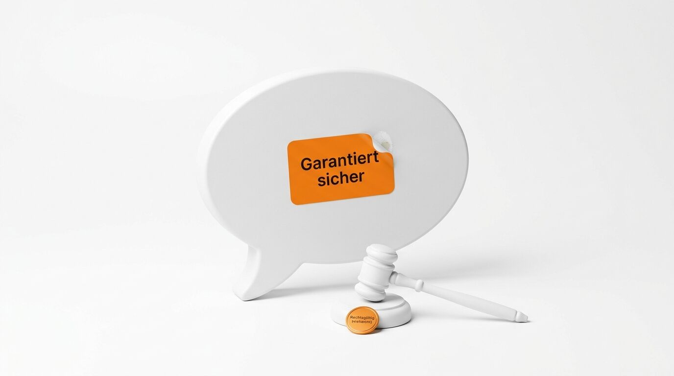 Eine weiße Sprechblase, ein orangefarbener Sticker und ein weißer Hammer vor weißem Hintergrund