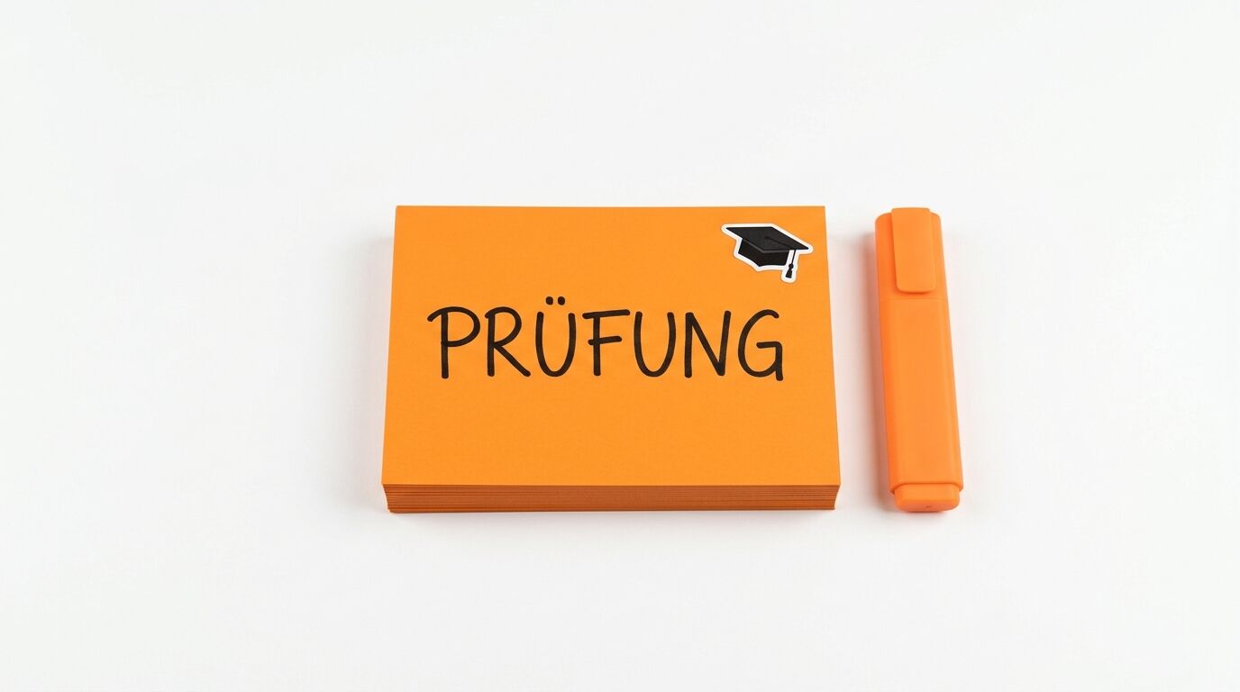 Ein Stapel oranger Notizzettel mit dem Wort „PRÜFUNG“ und einem Doktorhut neben einem Marker