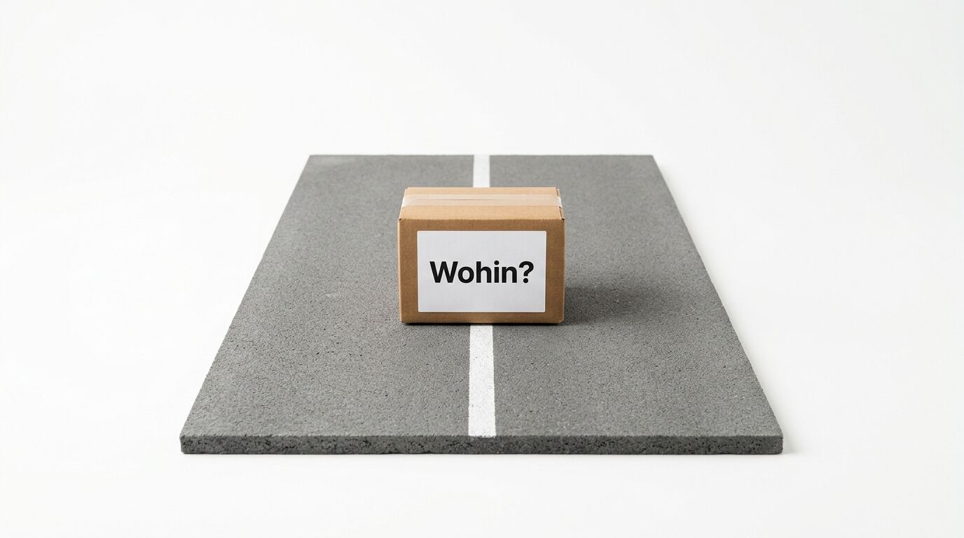 Ein Paket mit der Aufschrift „Wohin?“ steht auf einem grauen Straßenmodell vor weißem Hintergrund