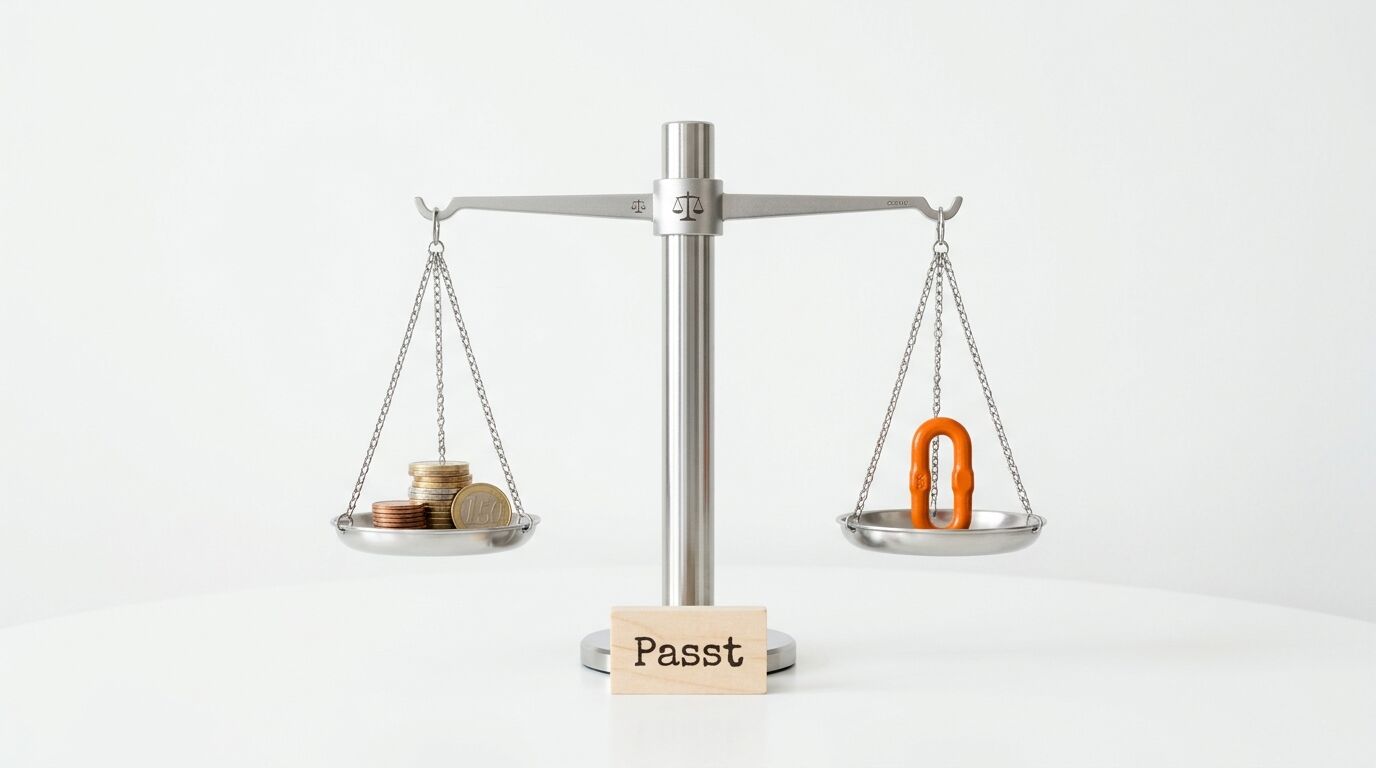 Waage mit Münzen links und orangefarbenem Gewicht rechts, Schild mit "Passt" unten