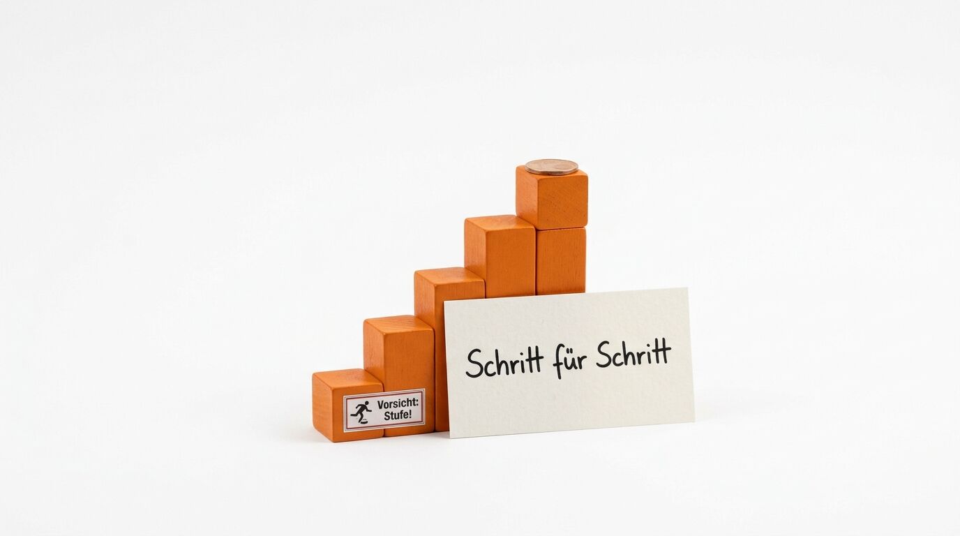 Orangene Holzbausteine stapeln sich zu einer Treppe neben einer weißen Karte mit "Schritt für Schritt" und einem Warnschild "Vorsicht: Stufe!"