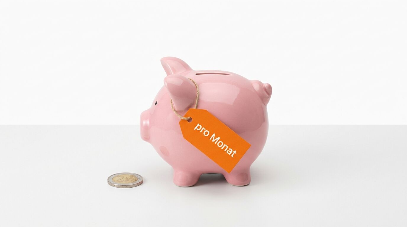 Rosafarbenes Sparschwein mit orangem Etikett "pro Monat" neben einer Münze auf weißem Hintergrund