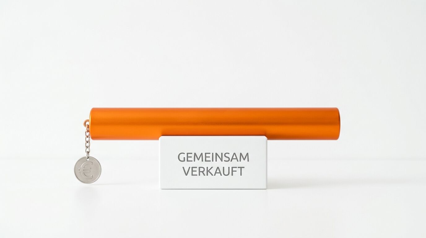 Orange Röhre mit Kette und Euromünze neben weißem Schild mit Text "GEMEINSAM VERKAUFT"