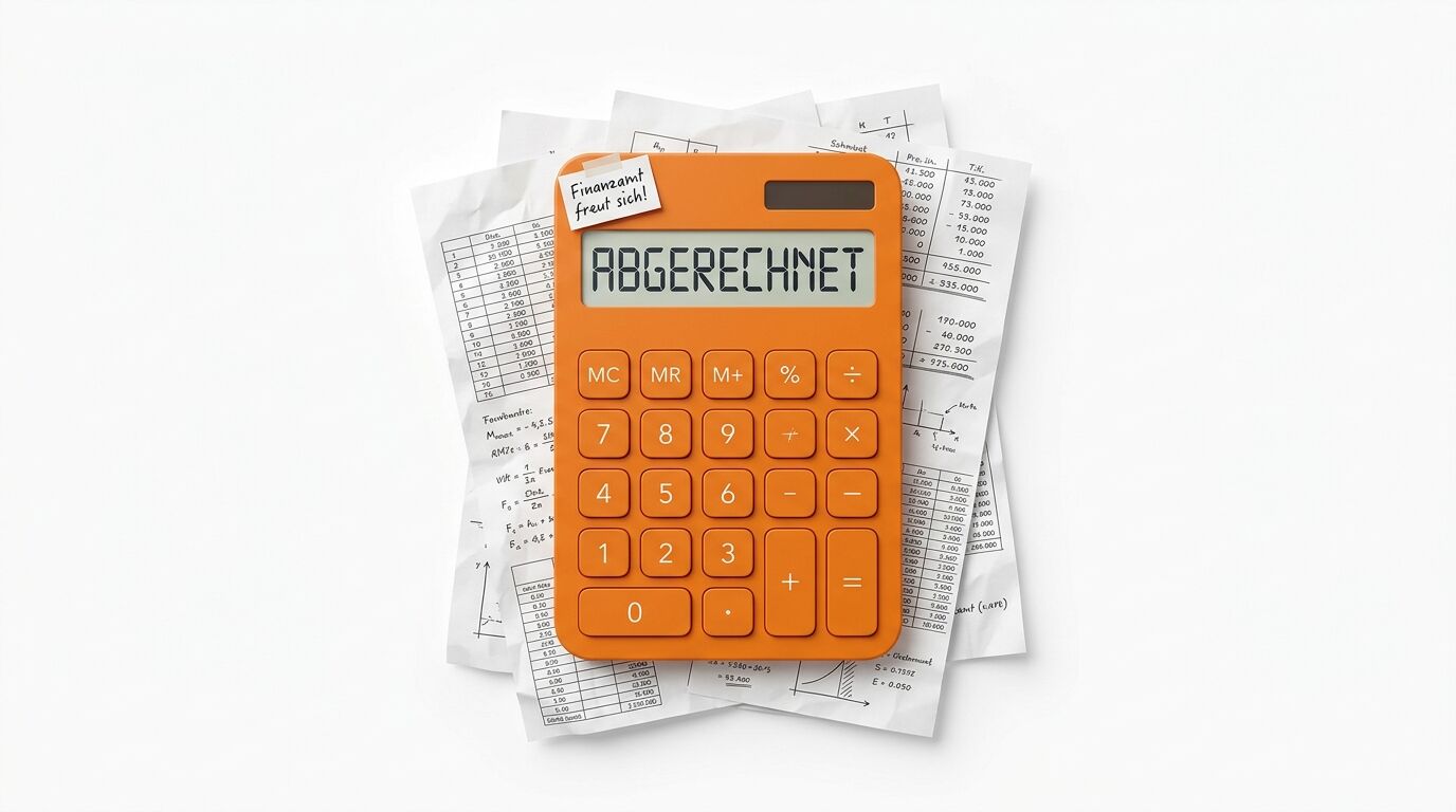 Orangener Taschenrechner auf Finanzunterlagen mit Display "ABGERECHNET" und Aufkleber "Finanzamt freut sich"