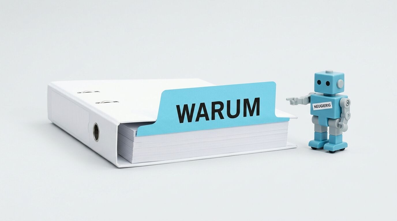Aktenordner mit Einreiter „WARUM“, Roboterfigur mit Schild „NEUGIERIG“ zeigt darauf