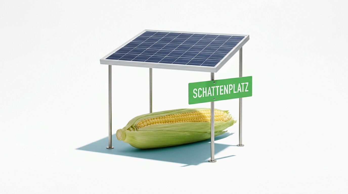 Ein Maiskolben im Schatten eines kleinen Solarpanels mit einem Schild 