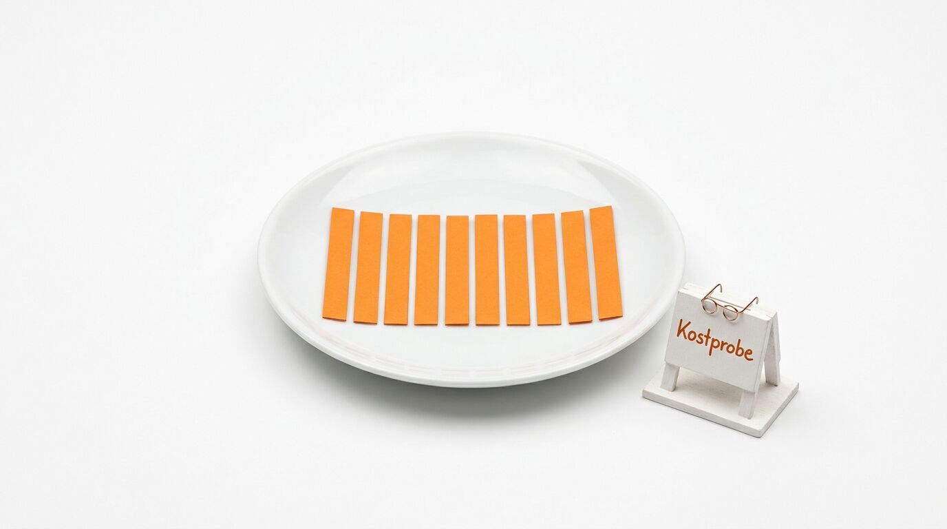 Teller mit orangefarbenen Papierstreifen und einem Schild „Kostprobe“ auf weißem Grund
