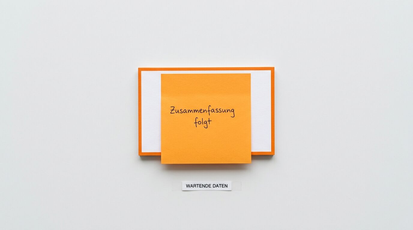Oranges Post-it, handbeschriftet, vor weißem Schild auf weißem Grund. Darunter ein Label