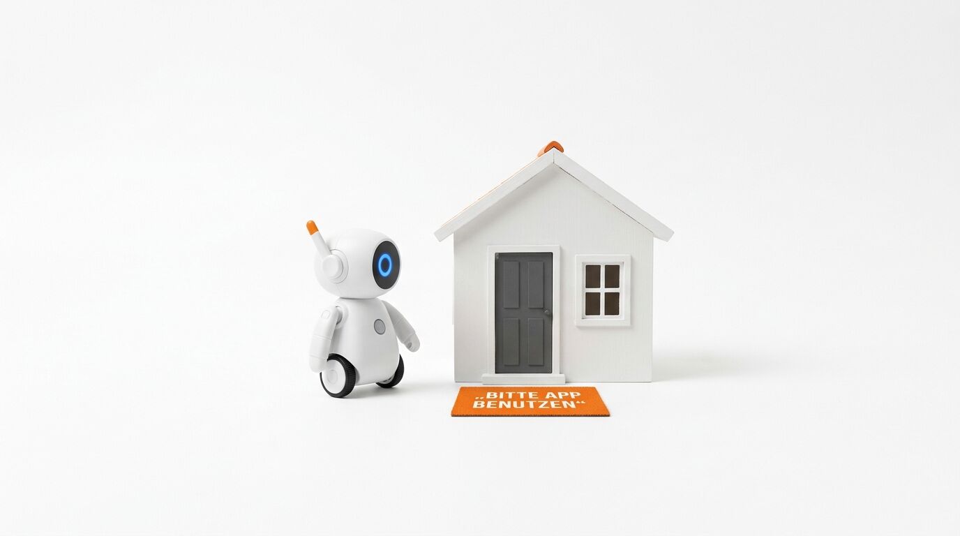 Ein weißer Roboter steht vor einem Miniaturhaus mit einer Matte „BITTE APP BENUTZEN“