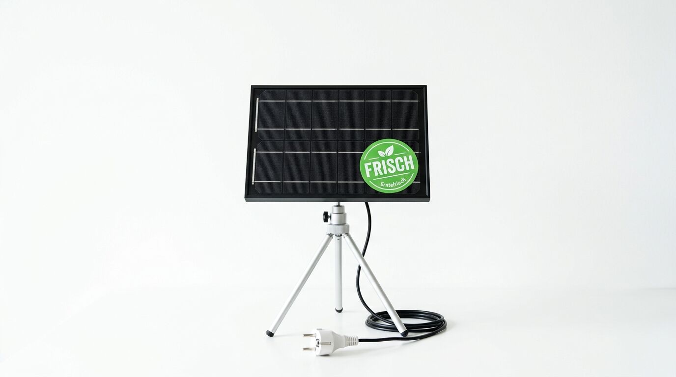 Solarpanel auf Stativ mit grünem „Frisch“-Aufkleber und Kabel mit Stecker auf weißem Grund