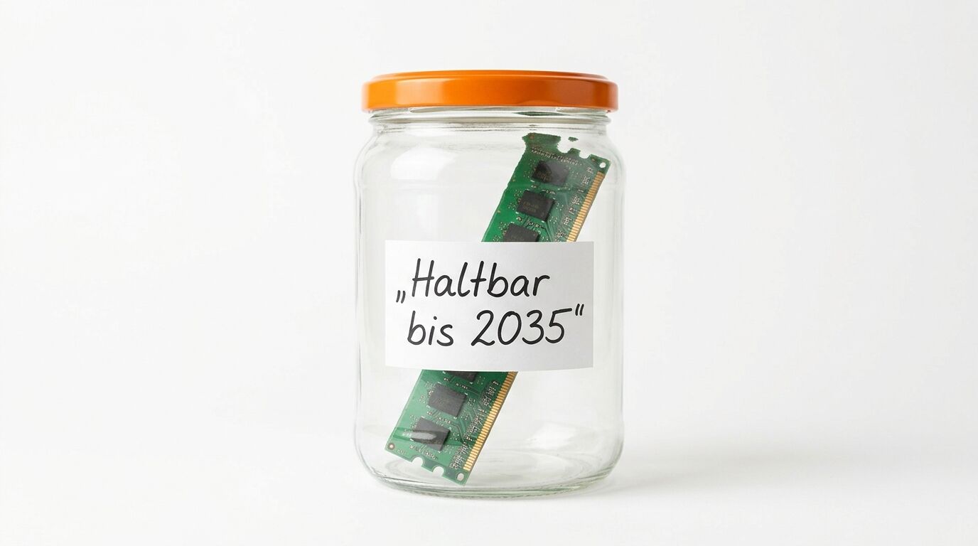 Ein Einmachglas mit einem RAM-Riegel darin und einem Etikett „„Haltbar bis 2035““