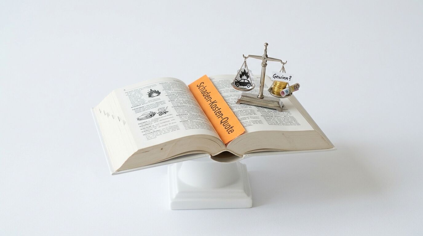 Buch mit Waage, Geld und „Schaden-Kosten-Quote“ auf orangefarbenem Schild