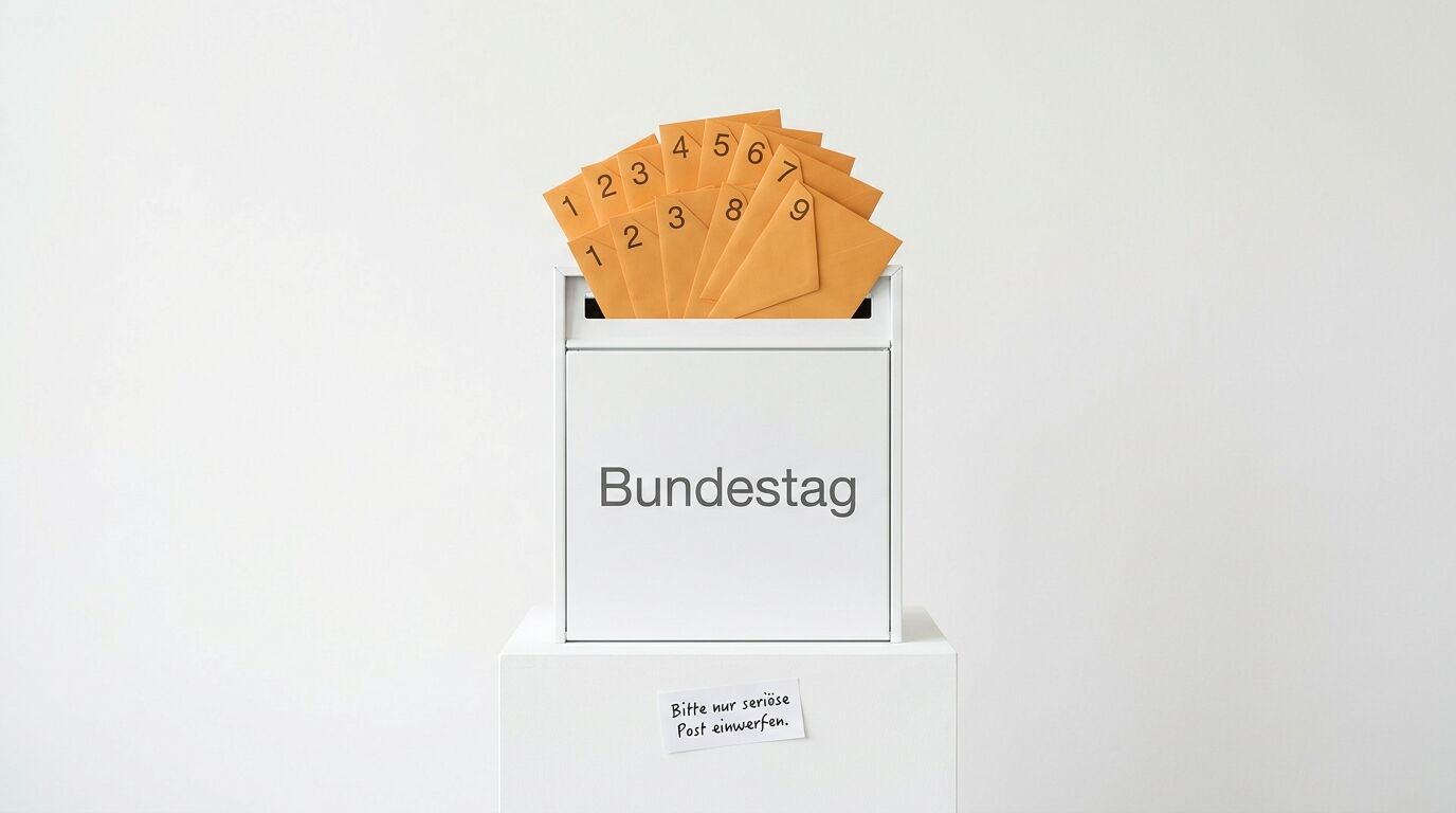 Ein weißer Briefkasten mit der Aufschrift 'Bundestag' und durchnummerierten Umschlägen