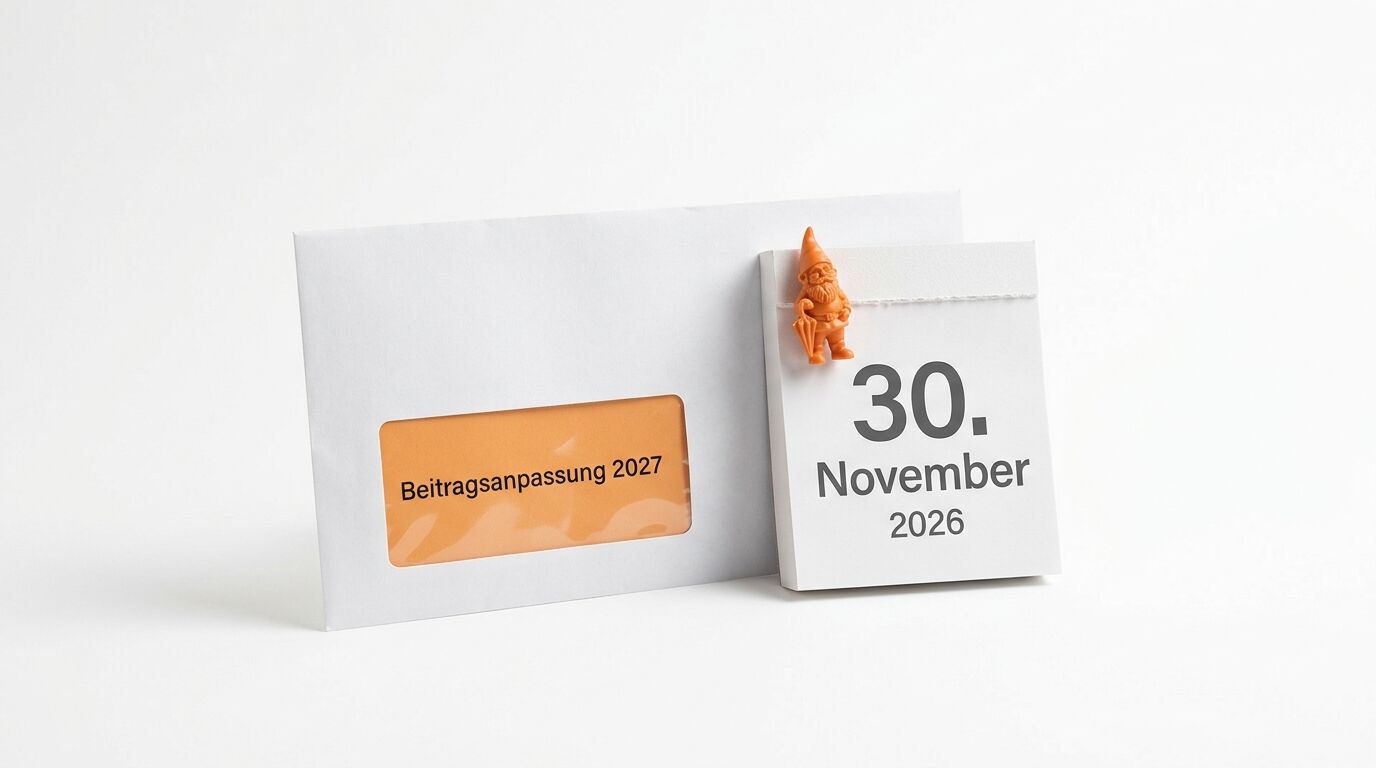 Briefumschlag „Beitragsanpassung 2027“, Kalenderblock „30. November 2026“ und Zwergenfigur
