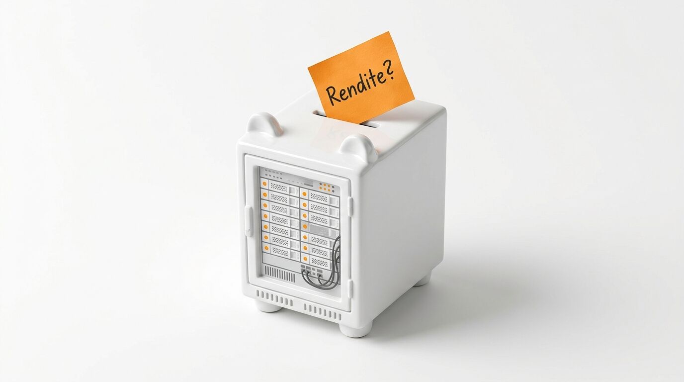 Weißer Server-Sparschwein mit oranger Notiz und Text „Rendite?“ auf weißem Hintergrund