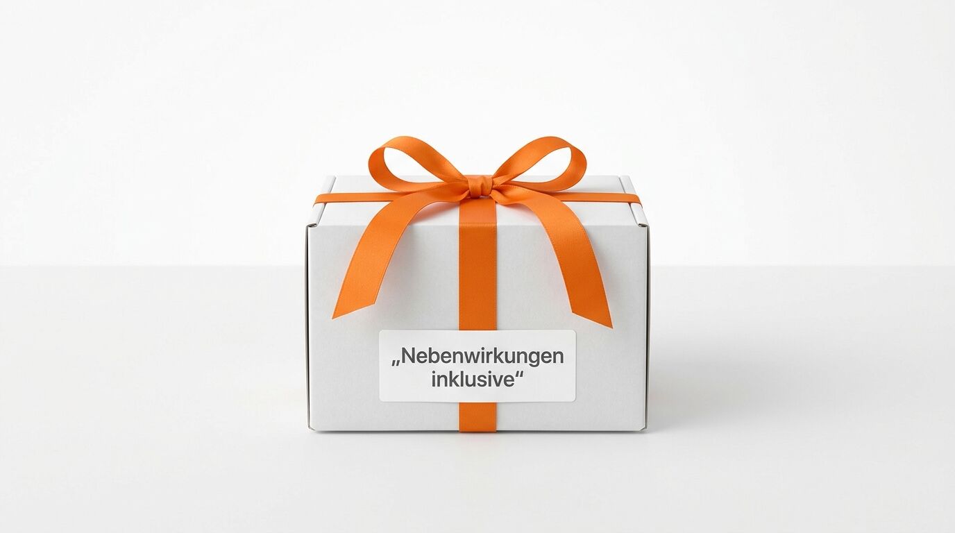 Ein weißes Geschenkpaket mit orangefarbenem Band und Aufschrift: „Nebenwirkungen inklusive“