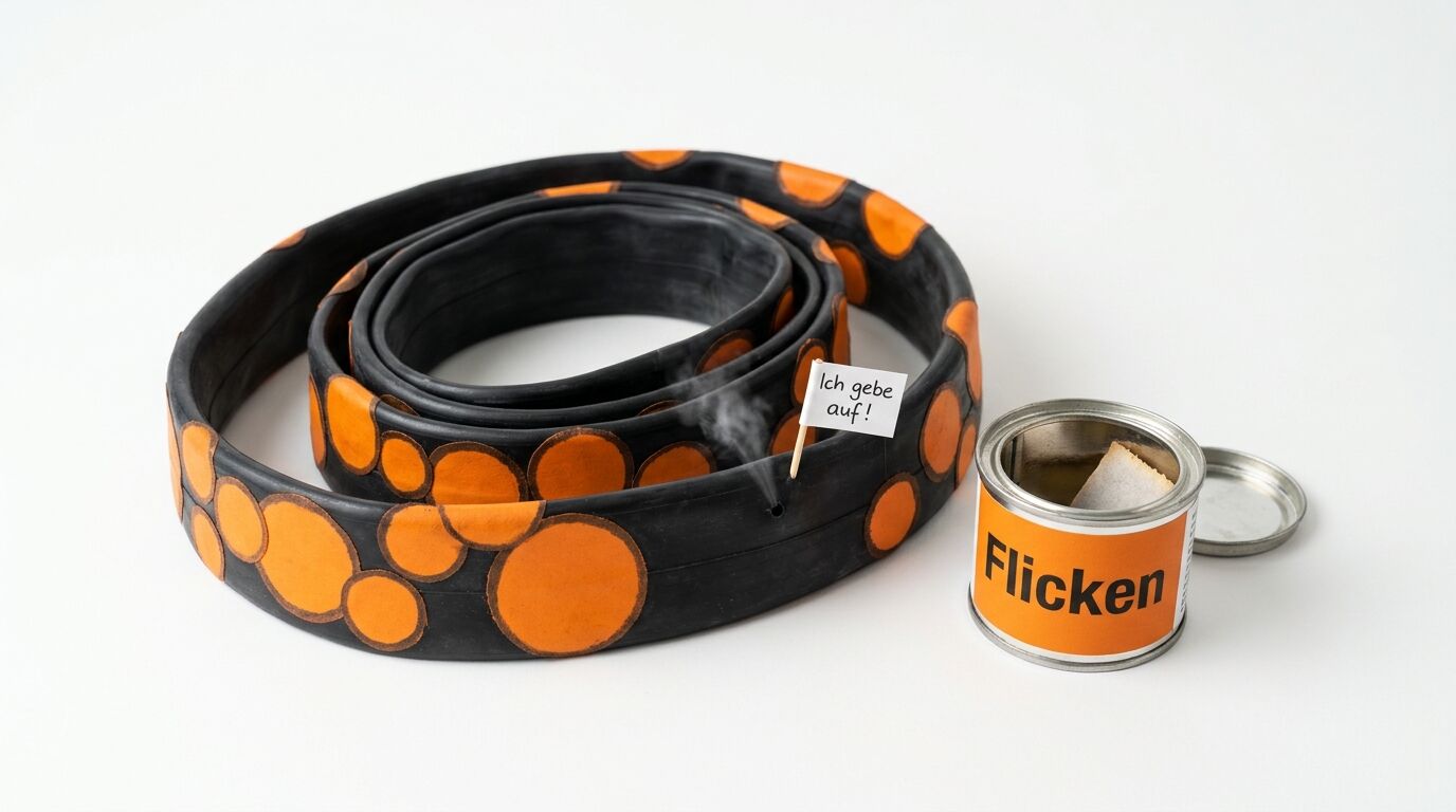 Fahrradschlauch mit vielen Flicken und Fähnchen neben Dose mit Aufschrift „Flicken“